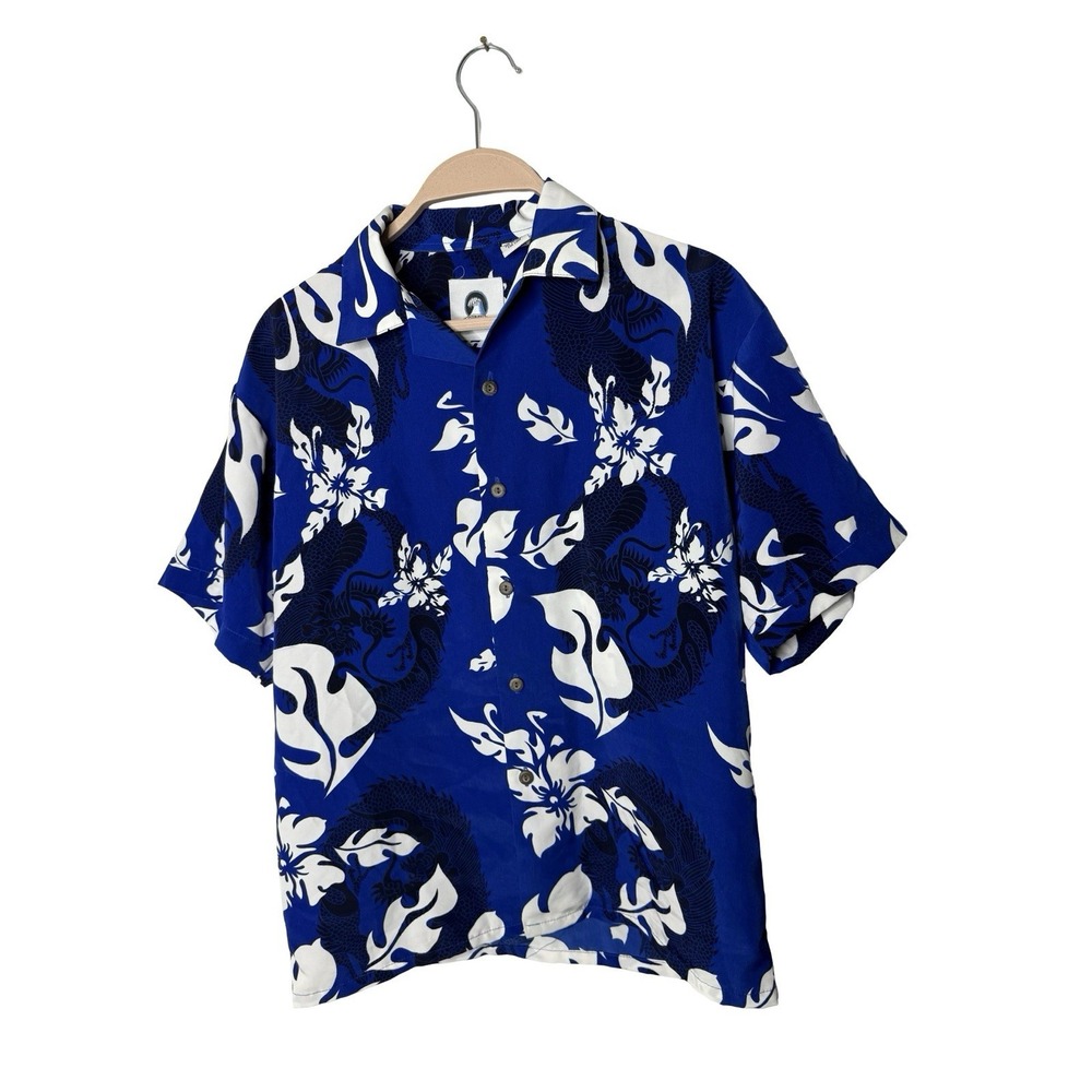 VINTAGE Ocean Current Men Button‎ Up Shirt Large Blue Hawaiian Short Sleeve